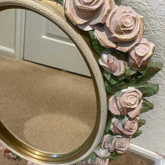 Vintage Home Interiors Shabby Chic Pink Gold Floral Oval Wall Mirror 27”x 20” - Picture 3 of 14